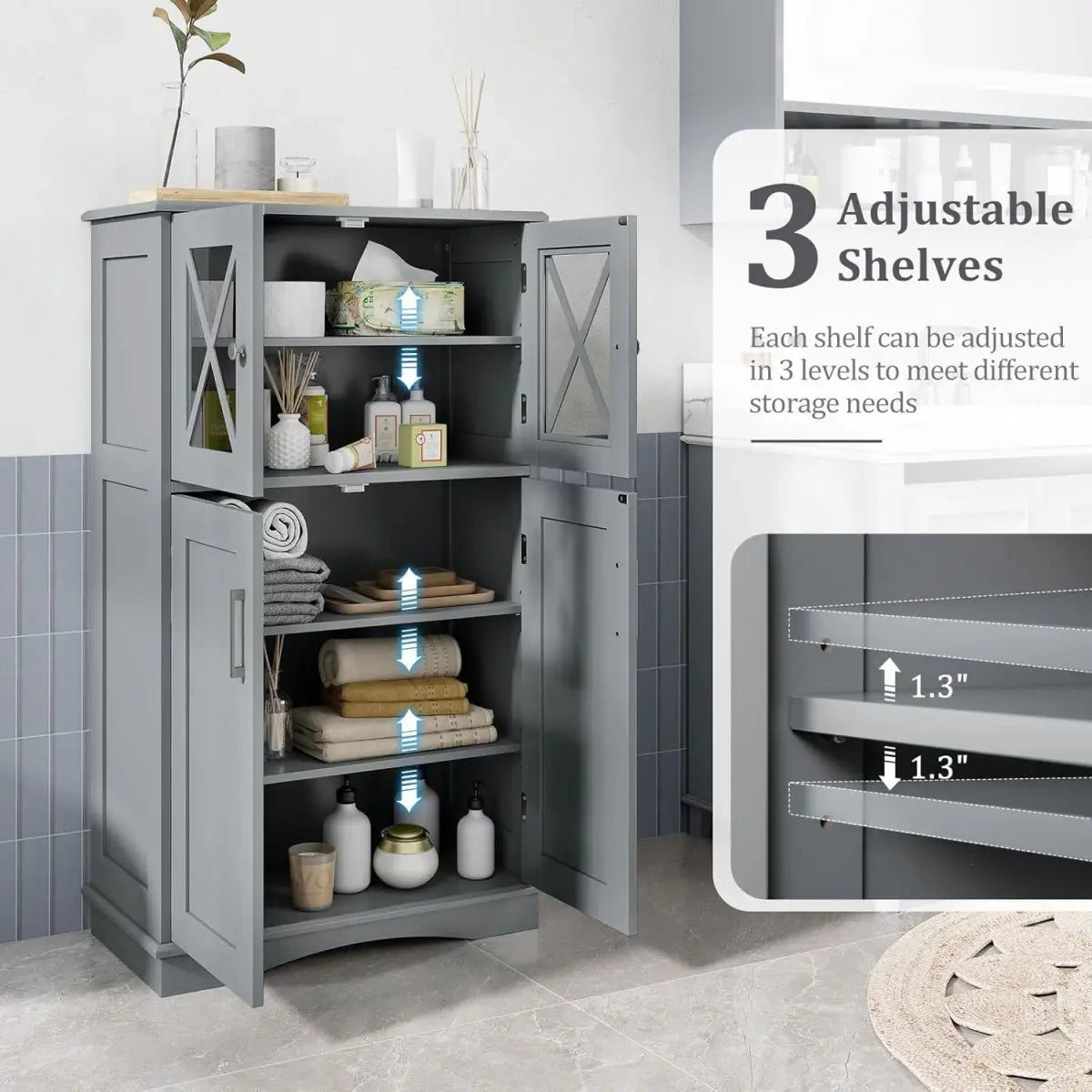 Grey Bathroom Towel Linen Cabinet with Glass Doors and Storage Shelves - HomePacific