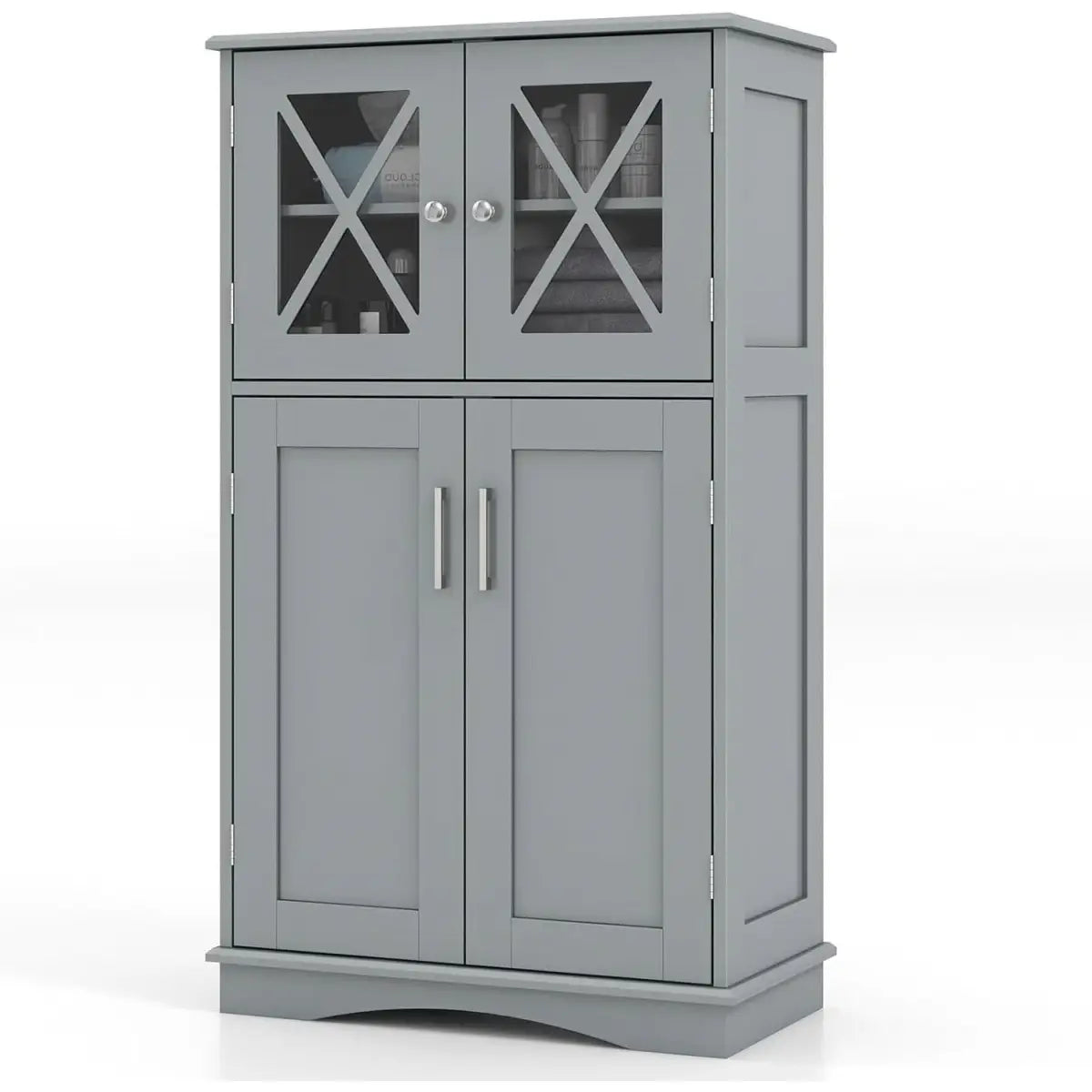 Grey Bathroom Towel Linen Cabinet with Glass Doors and Storage Shelves - HomePacific