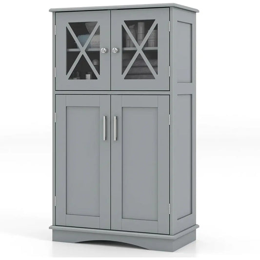 Grey Bathroom Towel Linen Cabinet with Glass Doors and Storage Shelves - HomePacific