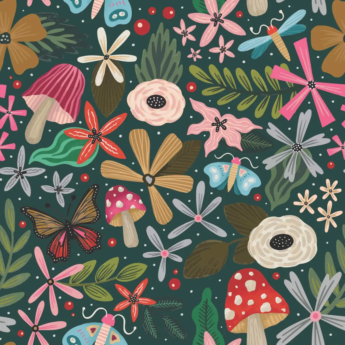 Groove Wallpaper - Cheerful Flowers and Mushrooms - by M Lettering Lover - Sample 1 foot by 1 foot - Loomwell Home Goods