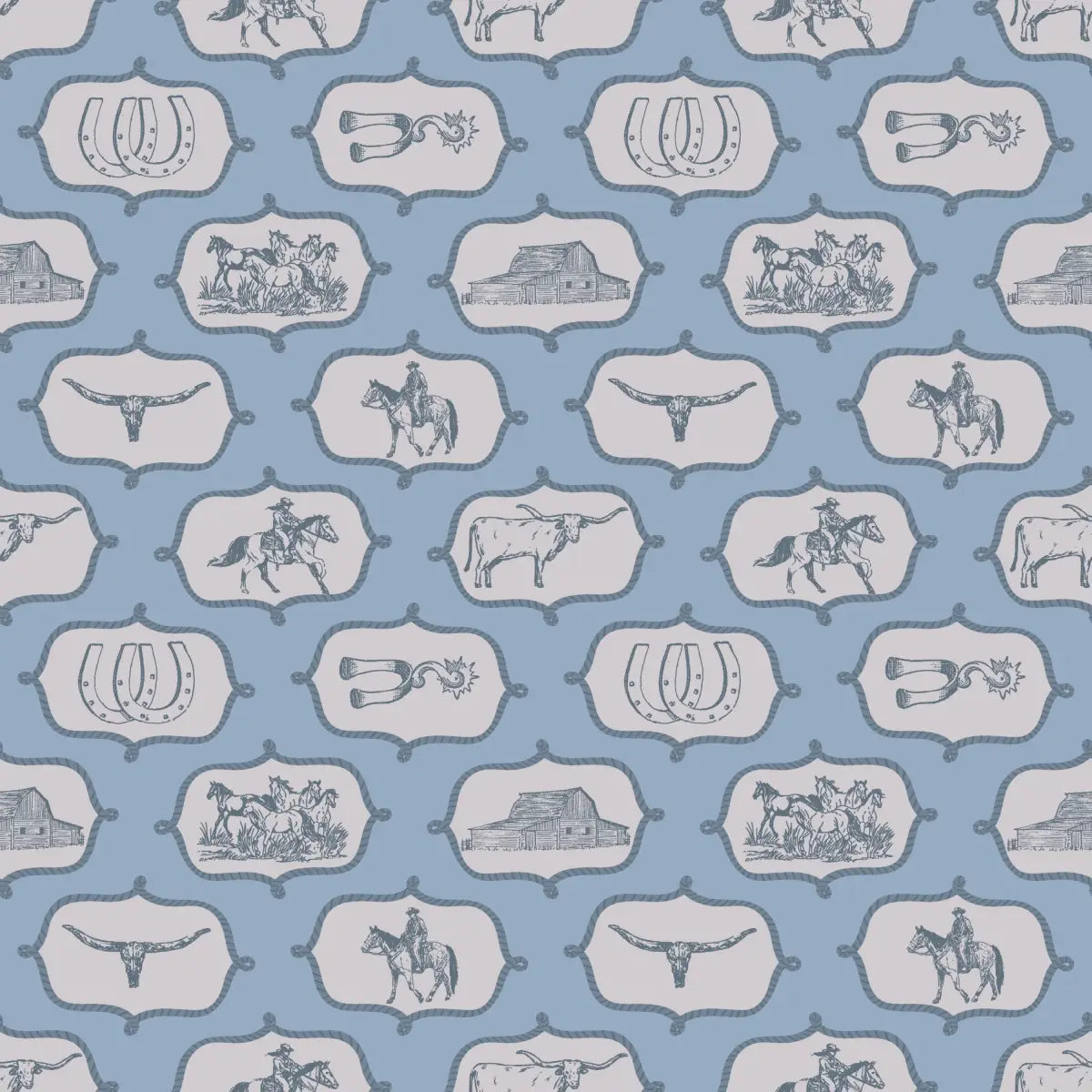 Gus Wallpaper - Blue Cowboy Western for Kids - Sample 1 foot by 1 foot - Loomwell Home Goods