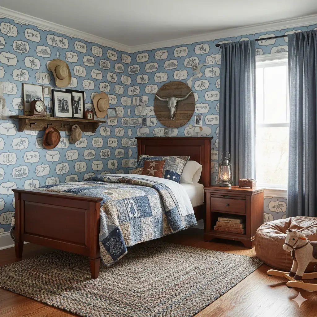 Gus Wallpaper - Blue Cowboy Western for Kids - Loomwell Home Goods