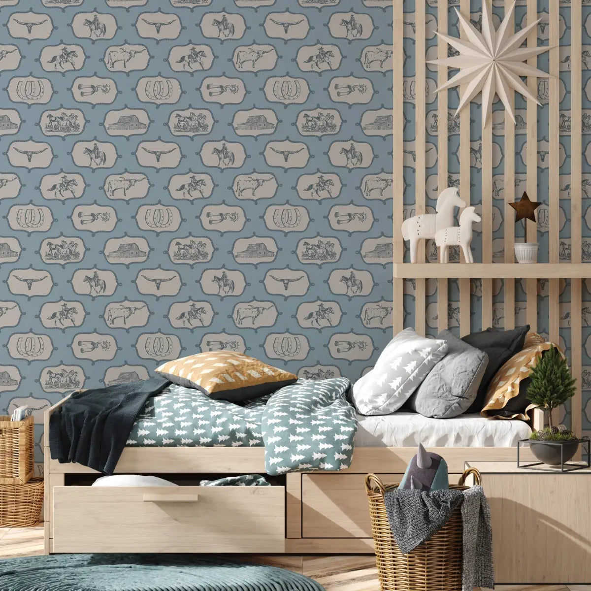 Gus Wallpaper - Blue Cowboy Western for Kids - Loomwell Home Goods