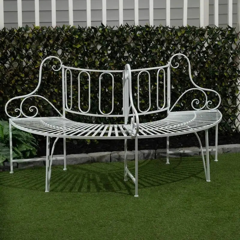 Half-Circle White Metal Outdoor Patio Garden Tree Bench - HomePacific