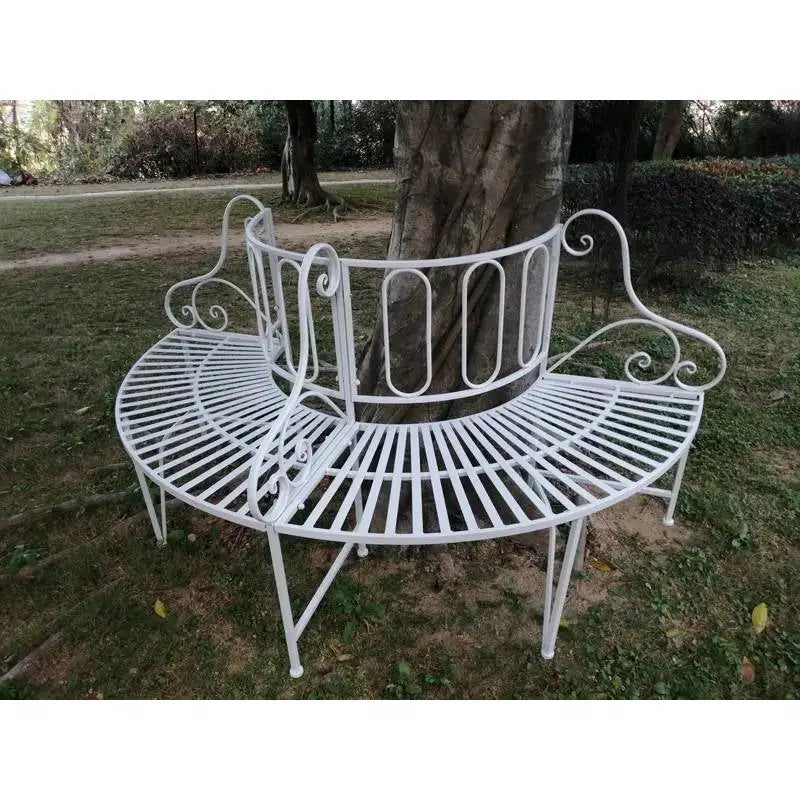 Half-Circle White Metal Outdoor Patio Garden Tree Bench - HomePacific