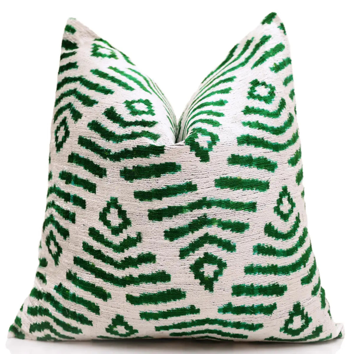 Hand-Knotted Emerald Green Geometric Silk Velvet Pillow - 20x20 Ikat - Canvello