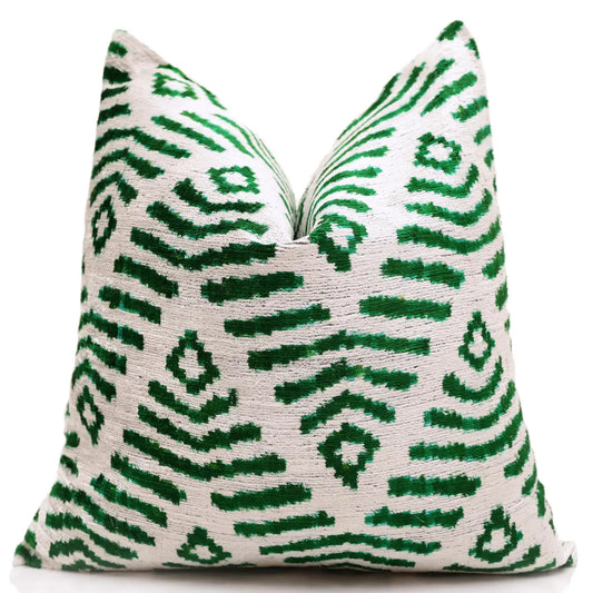 Hand-Knotted Emerald Green Geometric Silk Velvet Pillow - 20x20 Ikat - Canvello
