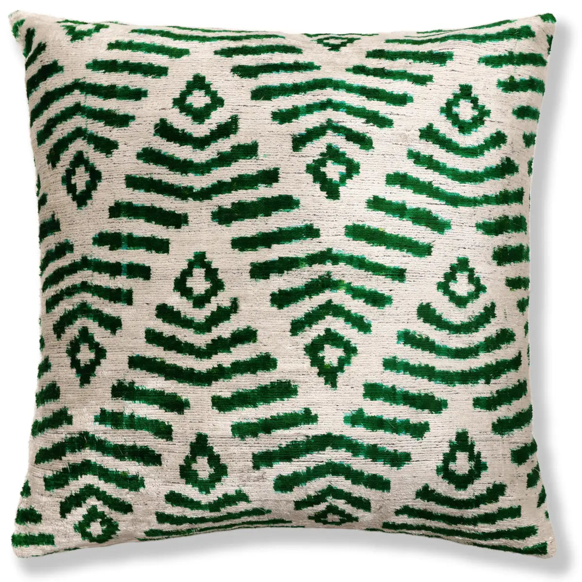 Hand-Knotted Emerald Green Geometric Silk Velvet Pillow - 20x20 Ikat - Canvello