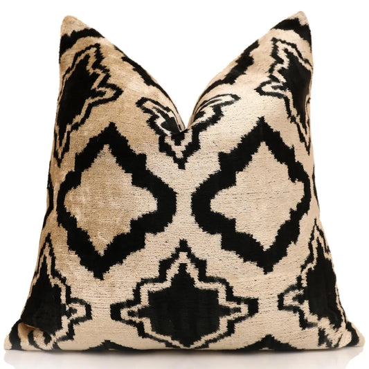Hand-Knotted Geometric Lattice Silk Velvet Pillow - 20x20 Black & Cream - Canvello