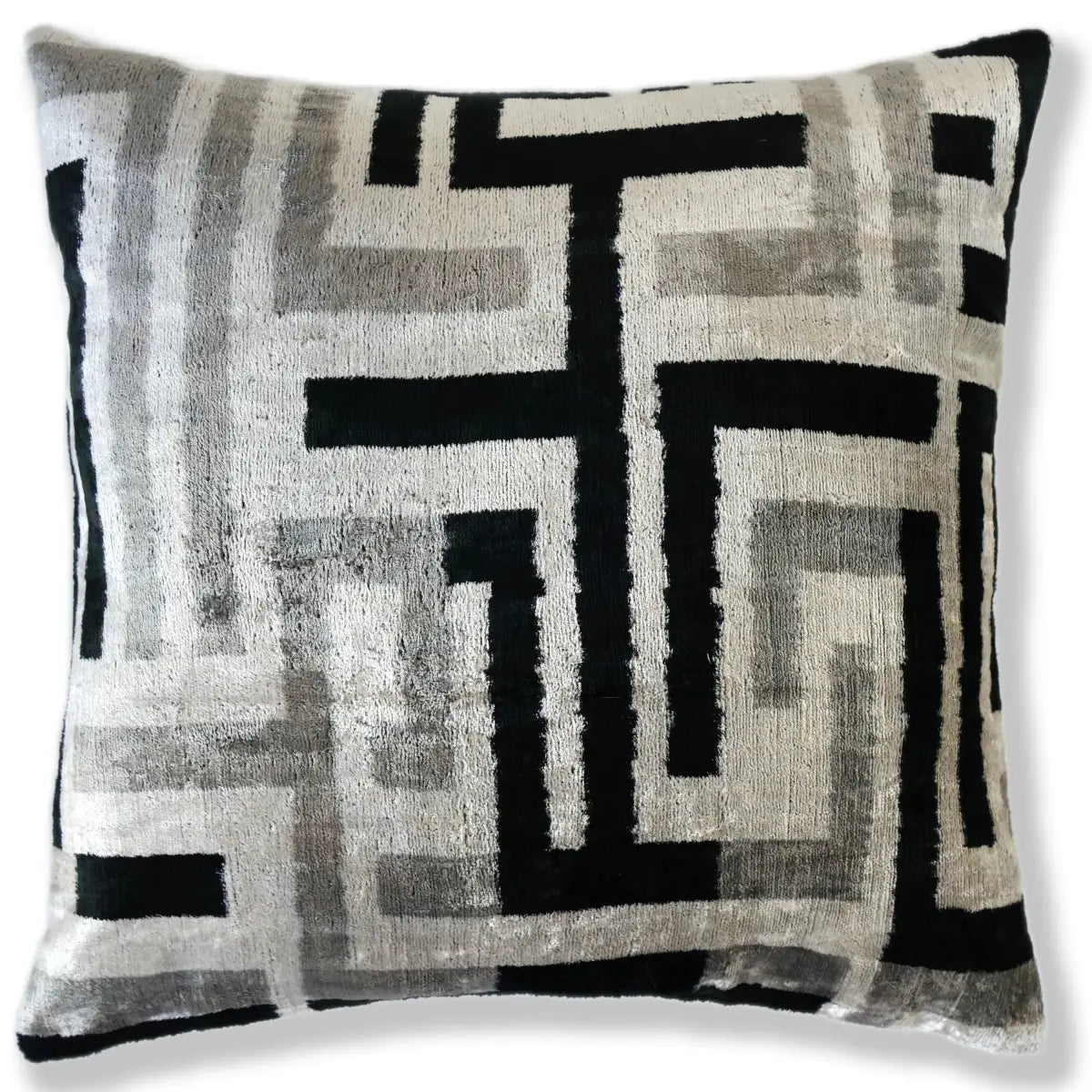 Hand-Knotted Geometric Maze Silk Velvet Pillow - 20x20 Black & Silver - Canvello