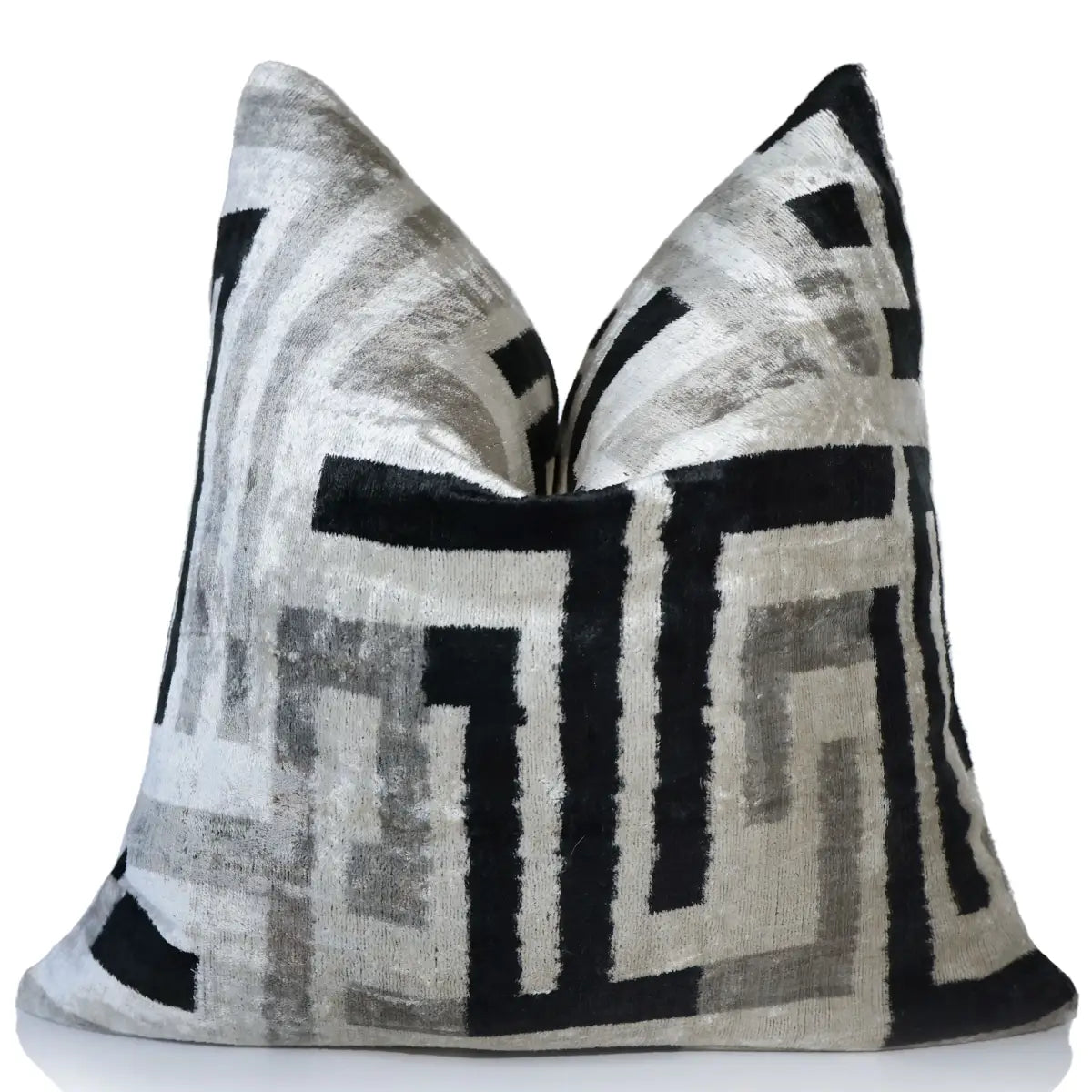Hand-Knotted Geometric Maze Silk Velvet Pillow - 20x20 Black & Silver - Canvello