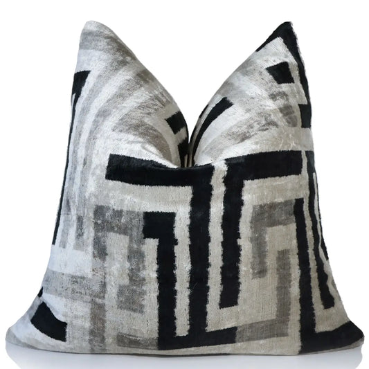 Hand-Knotted Geometric Maze Silk Velvet Pillow - 20x20 Black & Silver - Canvello