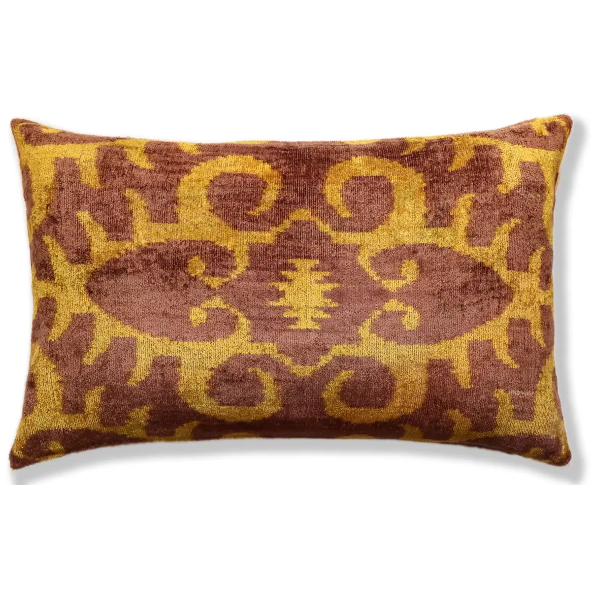 Hand-Knotted Ochre & Mahogany Ikat Lumbar Pillow - 16x24 Organic Dyed - Canvello