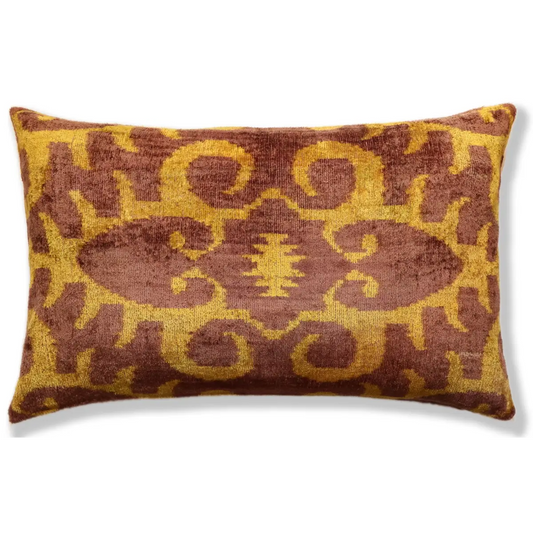 Hand-Knotted Ochre & Mahogany Ikat Lumbar Pillow - 16x24 Organic Dyed - Canvello