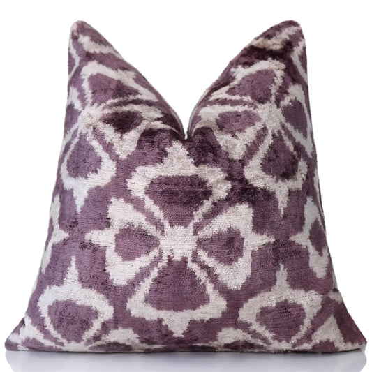 Hand-Knotted Plum Ikat Silk Velvet Pillow - 16x16 Organic Vegetable Dyed - Canvello