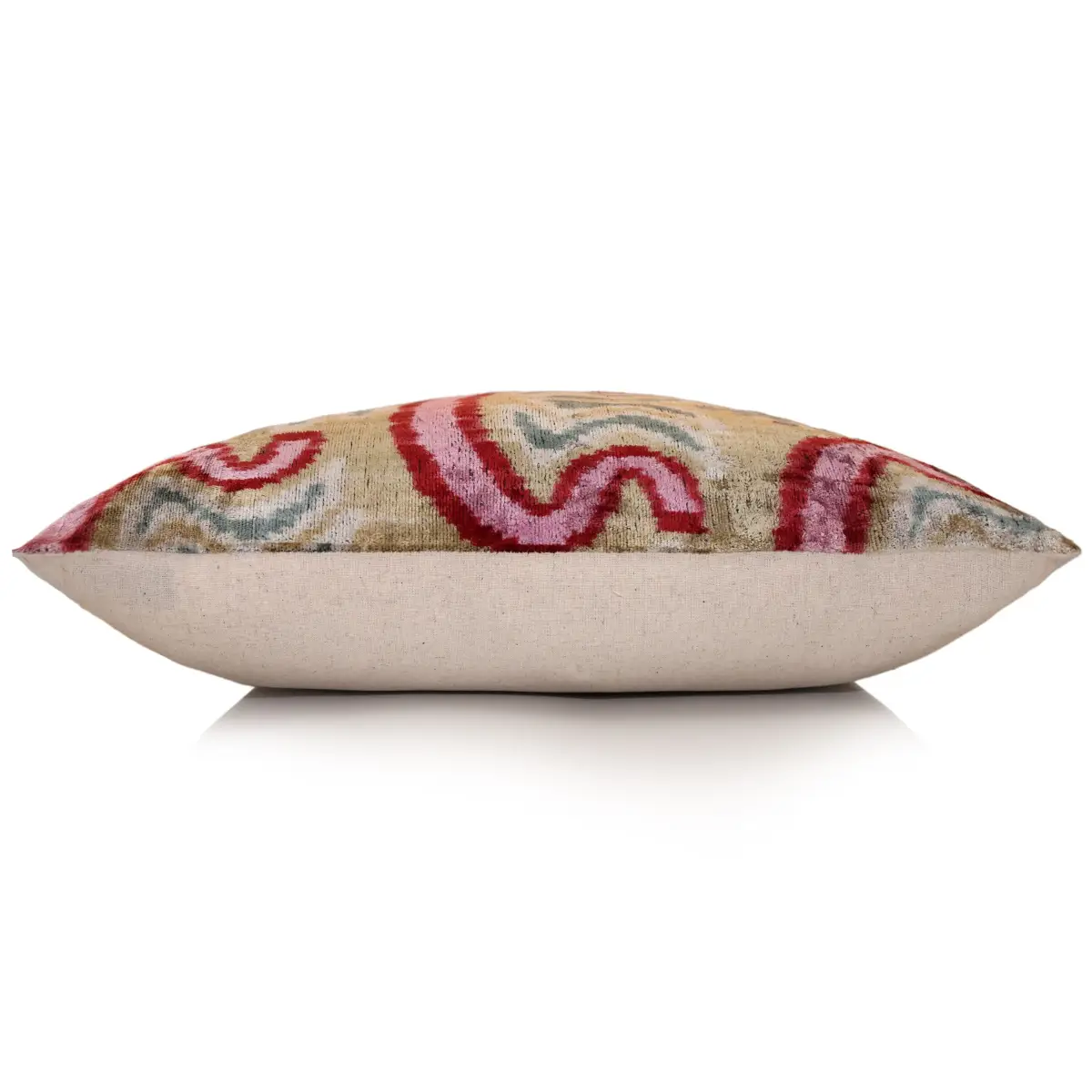 Hand-Knotted Scroll Ikat Silk Velvet Pillow - 20x20 Sand & Raspberry - Canvello