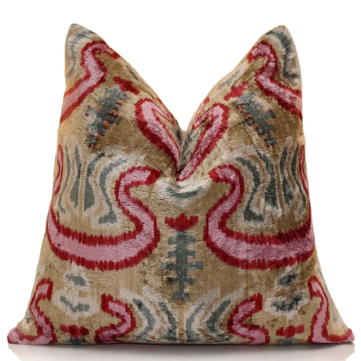 Hand-Knotted Scroll Ikat Silk Velvet Pillow - 20x20 Sand & Raspberry - Canvello
