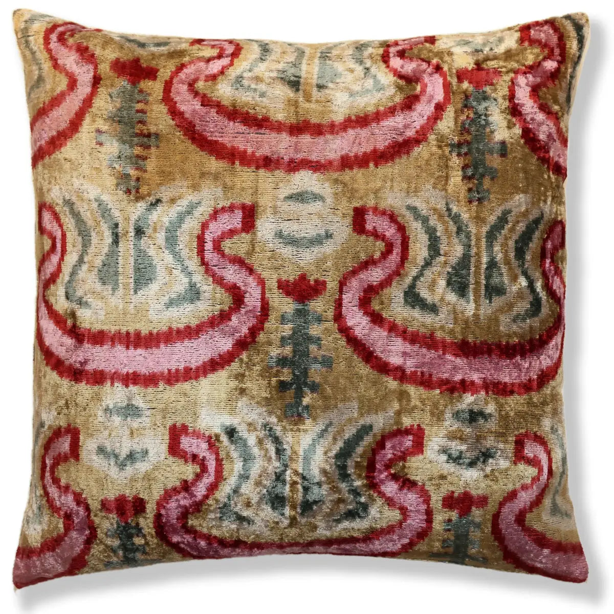 Hand-Knotted Scroll Ikat Silk Velvet Pillow - 20x20 Sand & Raspberry - Canvello