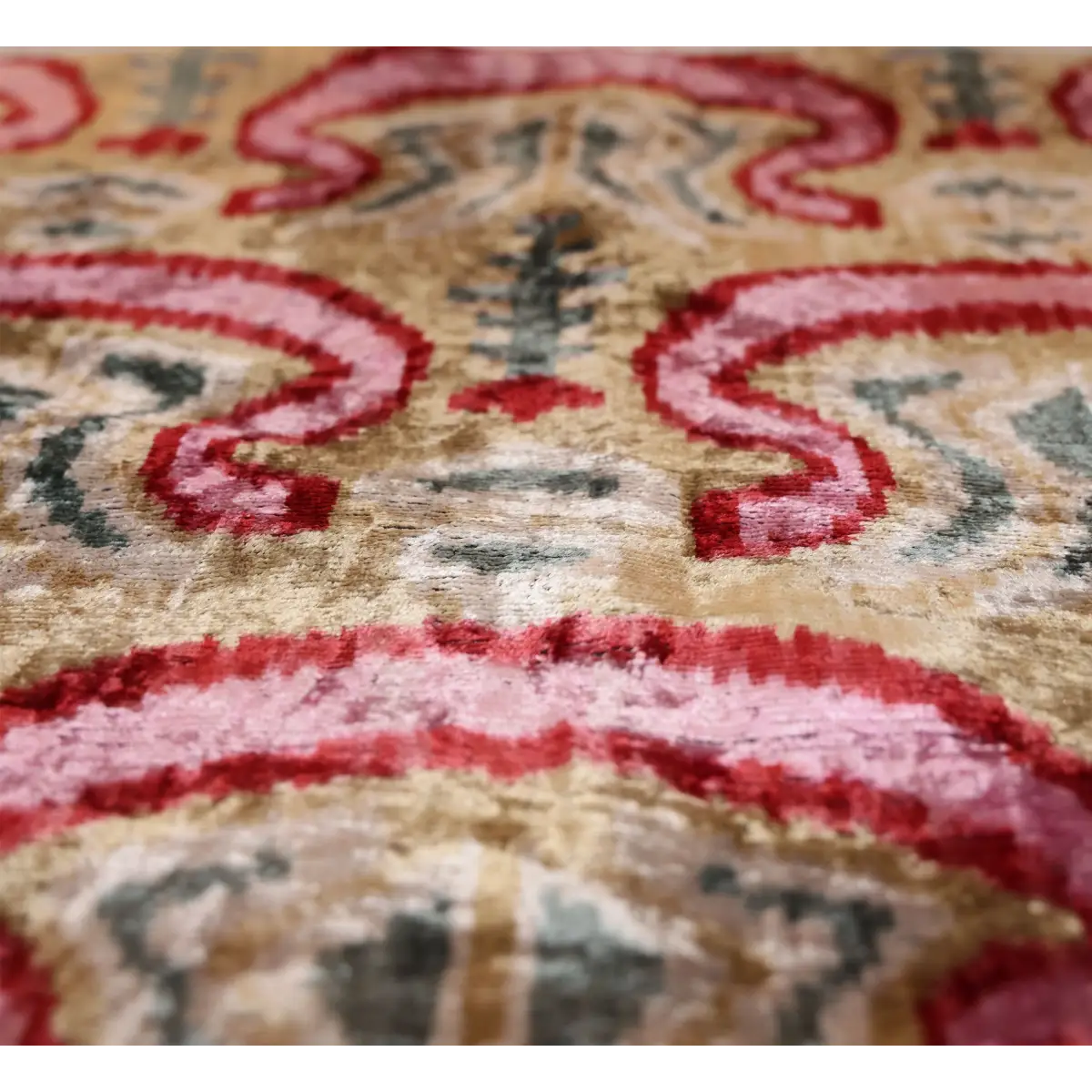 Hand-Knotted Scroll Ikat Silk Velvet Pillow - 20x20 Sand & Raspberry - Canvello