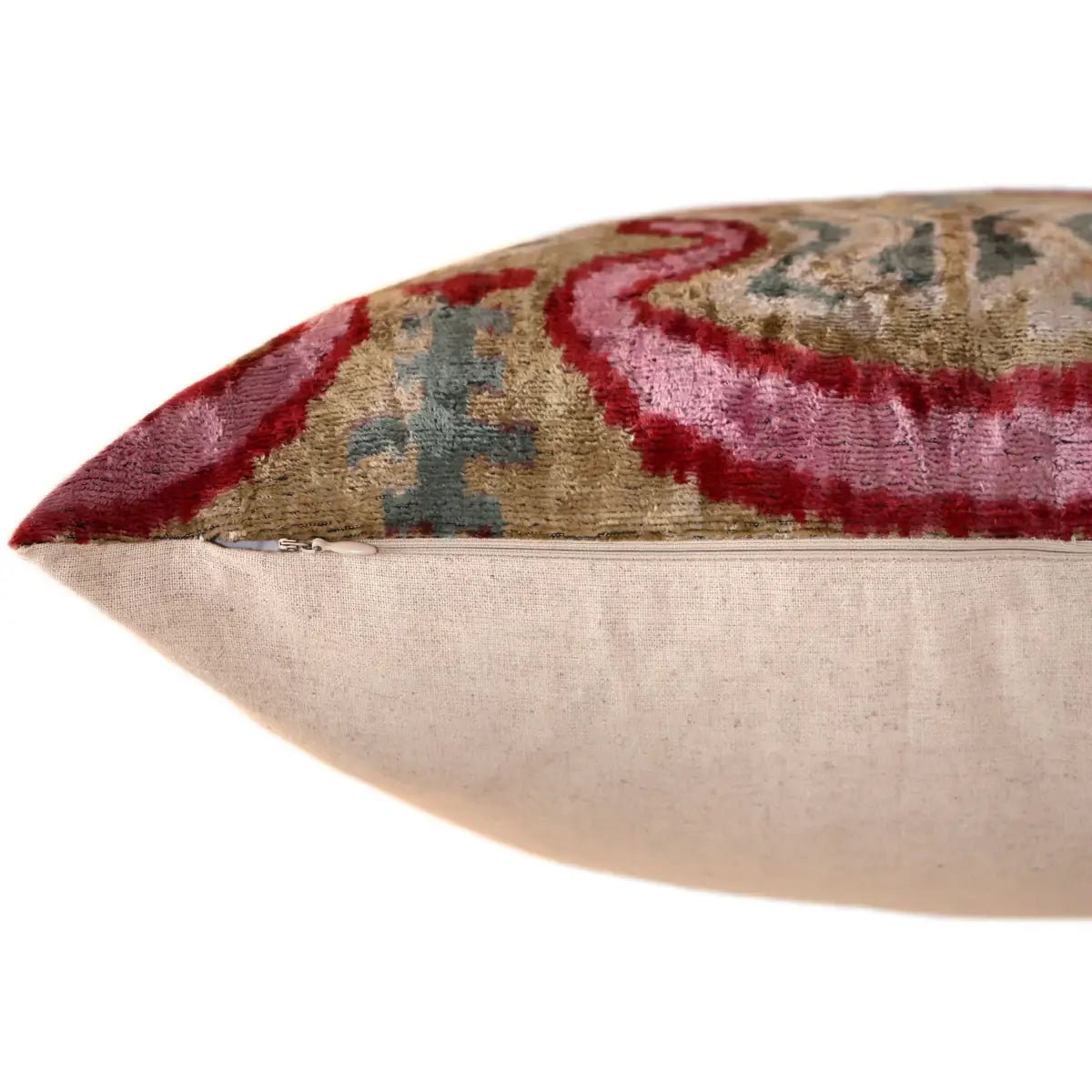 Hand-Knotted Scroll Ikat Silk Velvet Pillow - 20x20 Sand & Raspberry - Canvello