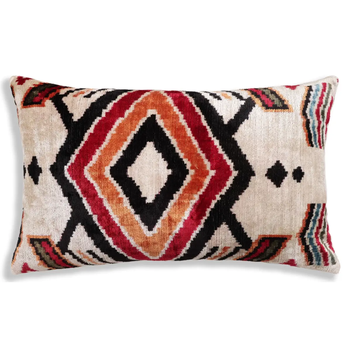 Hand-Knotted Tribal Geometric Silk Velvet Lumbar - 16x24 Red & Black - Canvello