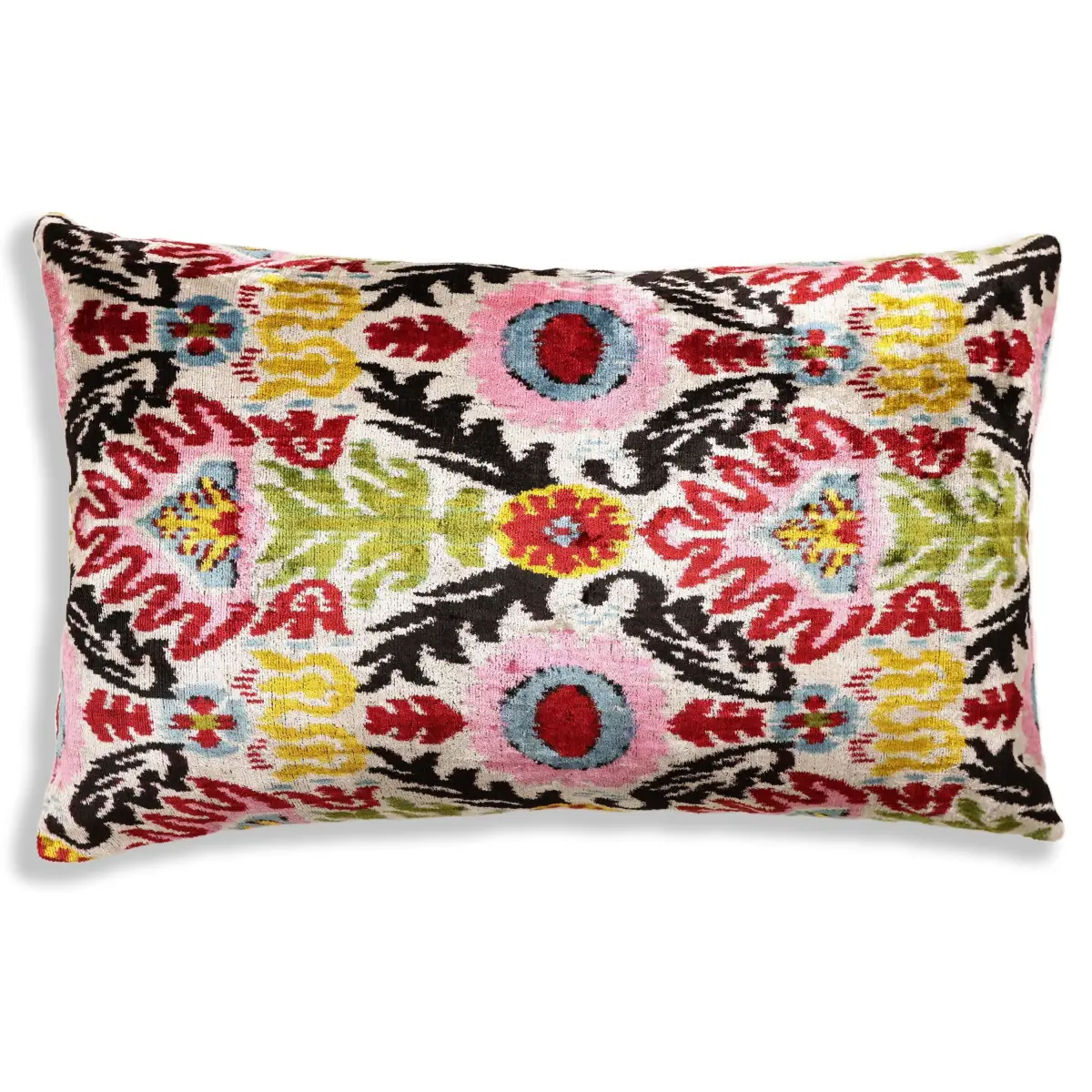 Hand-Knotted Vibrant Floral Silk Velvet Lumbar - 16x24 Pink & Yellow - Canvello