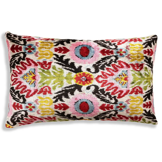 Hand-Knotted Vibrant Floral Silk Velvet Lumbar - 16x24 Pink & Yellow - Canvello
