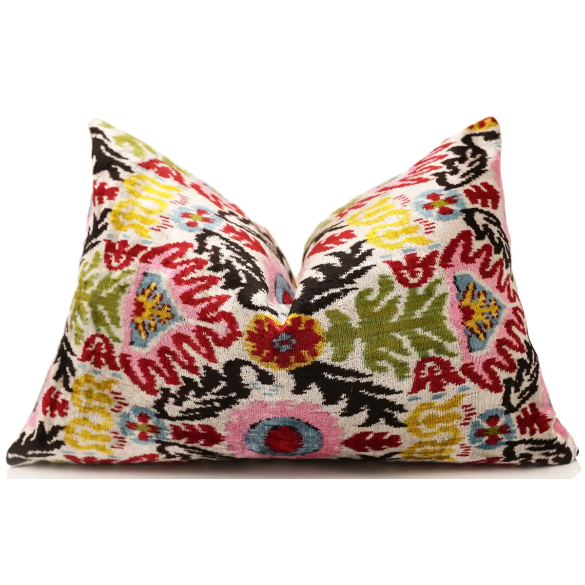 Hand-Knotted Vibrant Floral Silk Velvet Lumbar - 16x24 Pink & Yellow - Canvello
