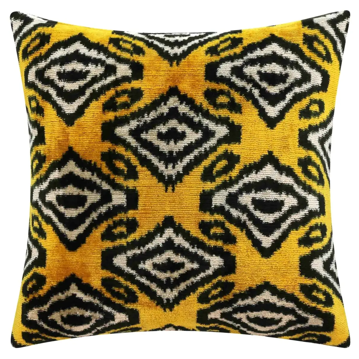 Handmade 16x16 Silk Velvet Throw Pillow in Gold with Black and White Geometric Design – Down Feather Insert - Canvello