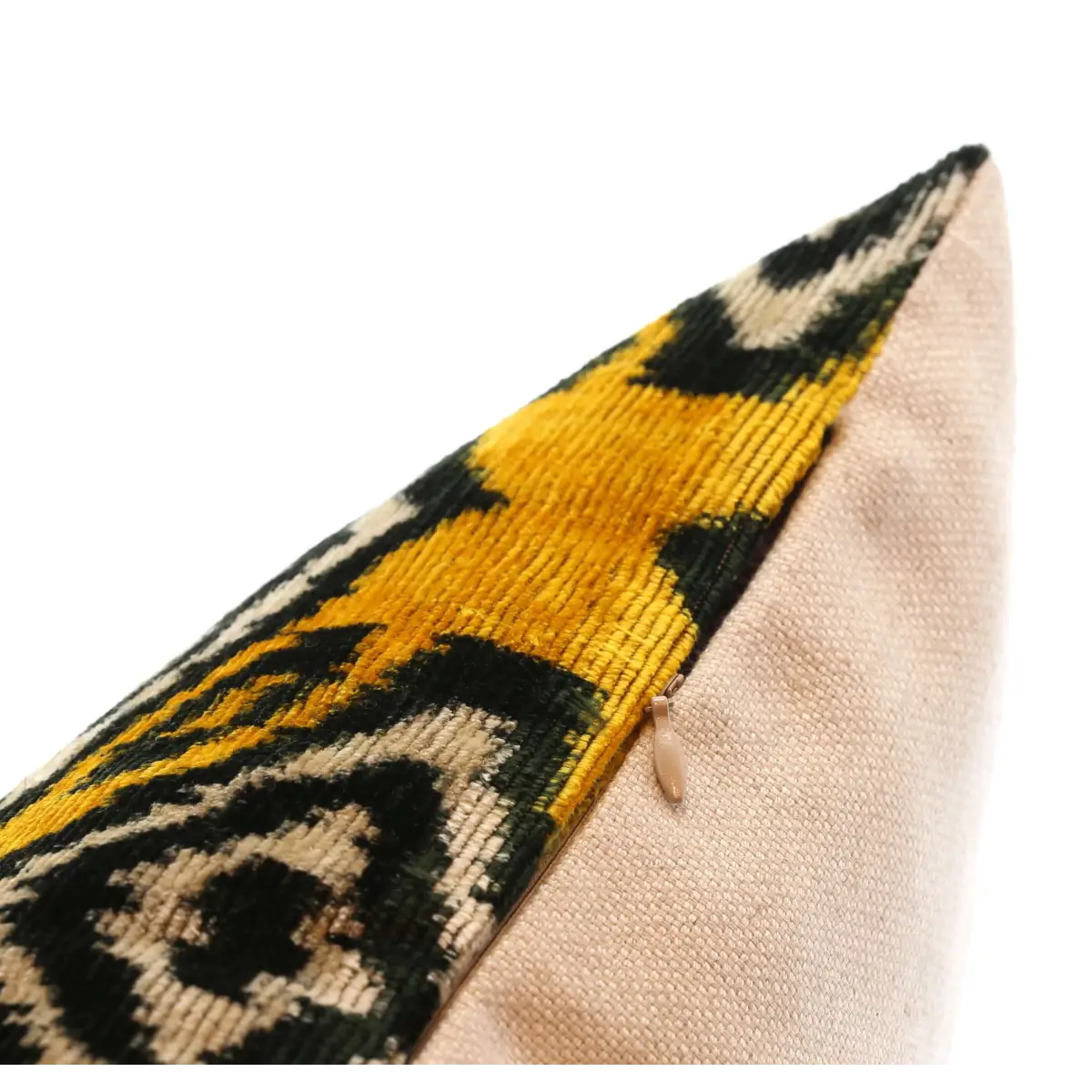 Handmade 16x16 Silk Velvet Throw Pillow in Gold with Black and White Geometric Design – Down Feather Insert - Canvello