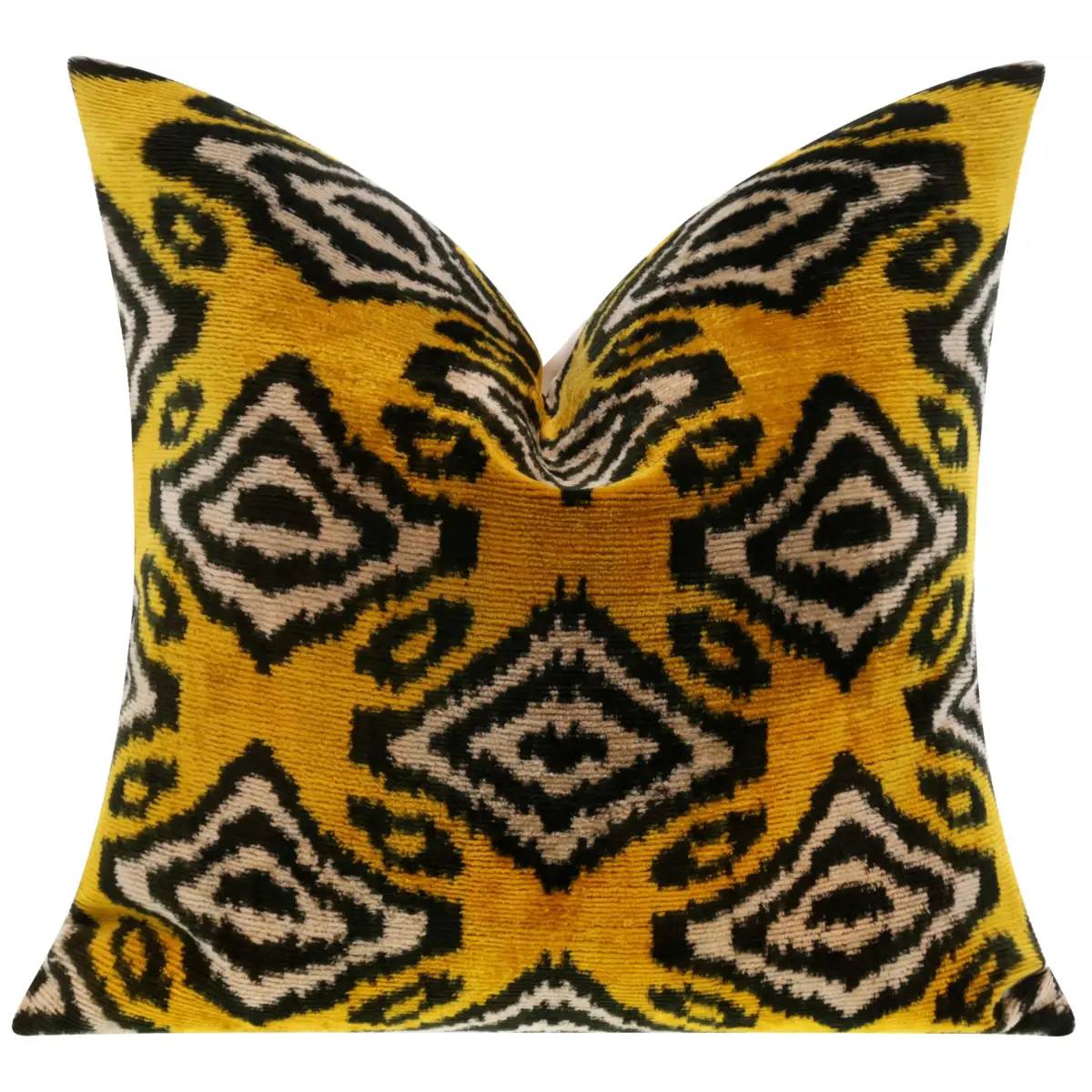 Handmade 16x16 Silk Velvet Throw Pillow in Gold with Black and White Geometric Design – Down Feather Insert - Canvello