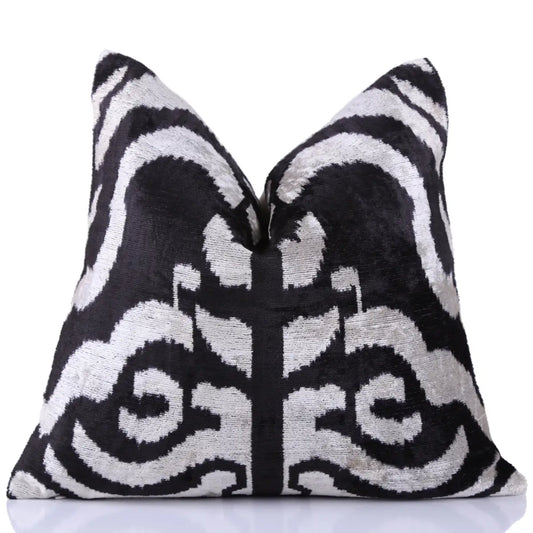 Luxury Velvet Pillow – Black & White Ikat Medallion Square 16x16 - Canvello