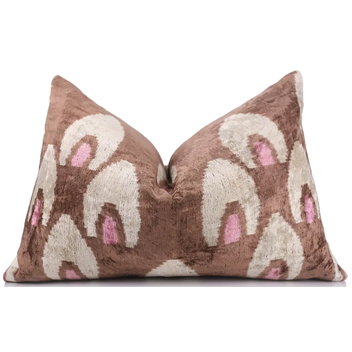 Handmade Brown Velvet Lumbar Pillow 16x24 – Ivory & Pink Arch Motif Designer Cushion - Canvello