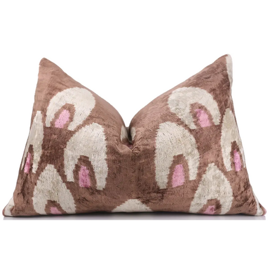 Handmade Brown Velvet Lumbar Pillow 16x24 – Ivory & Pink Arch Motif Designer Cushion - Canvello