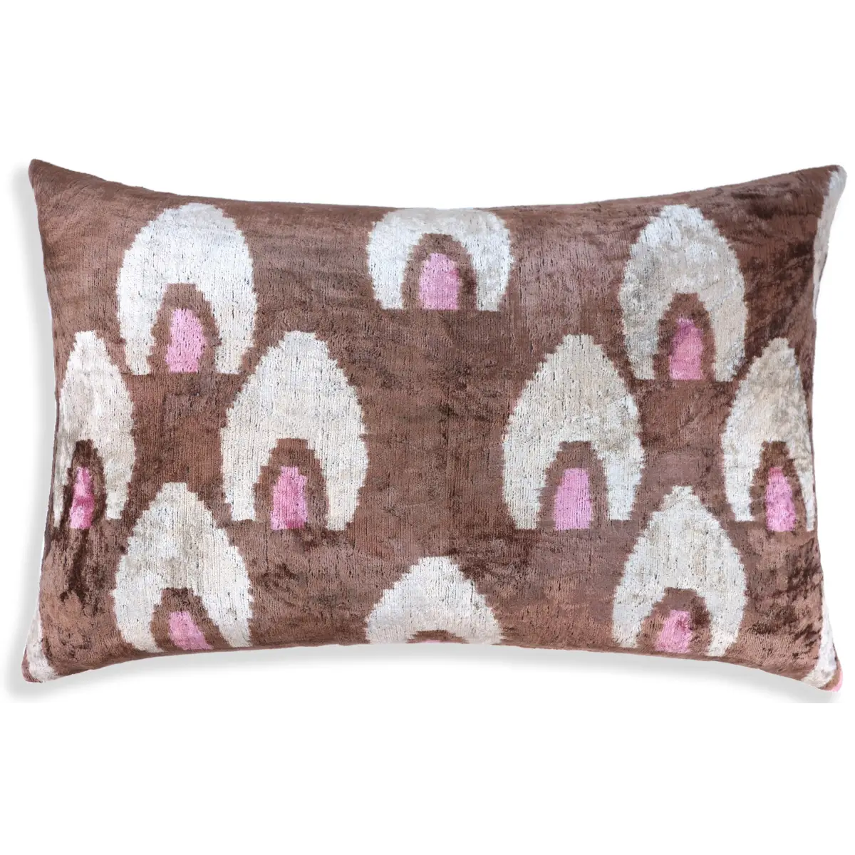 Handmade Brown Velvet Lumbar Pillow 16x24 – Ivory & Pink Arch Motif Designer Cushion - Canvello