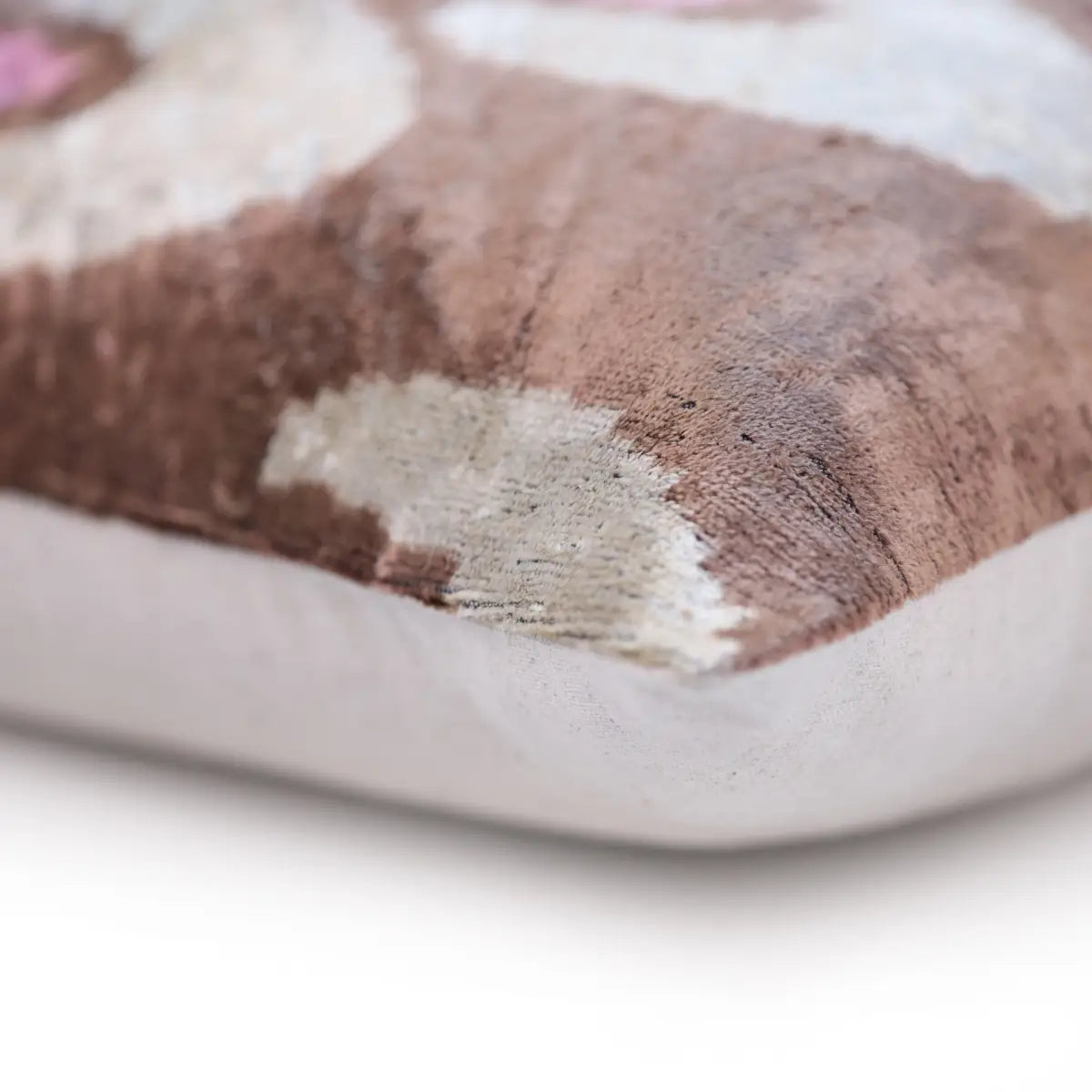 Handmade Brown Velvet Lumbar Pillow 16x24 – Ivory & Pink Arch Motif Designer Cushion - Canvello