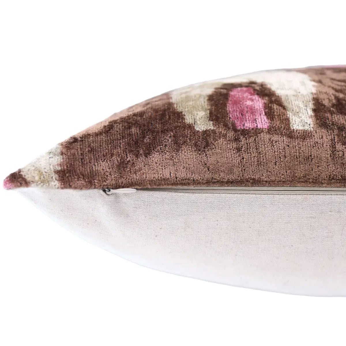 Handmade Brown Velvet Lumbar Pillow 16x24 – Ivory & Pink Arch Motif Designer Cushion - Canvello