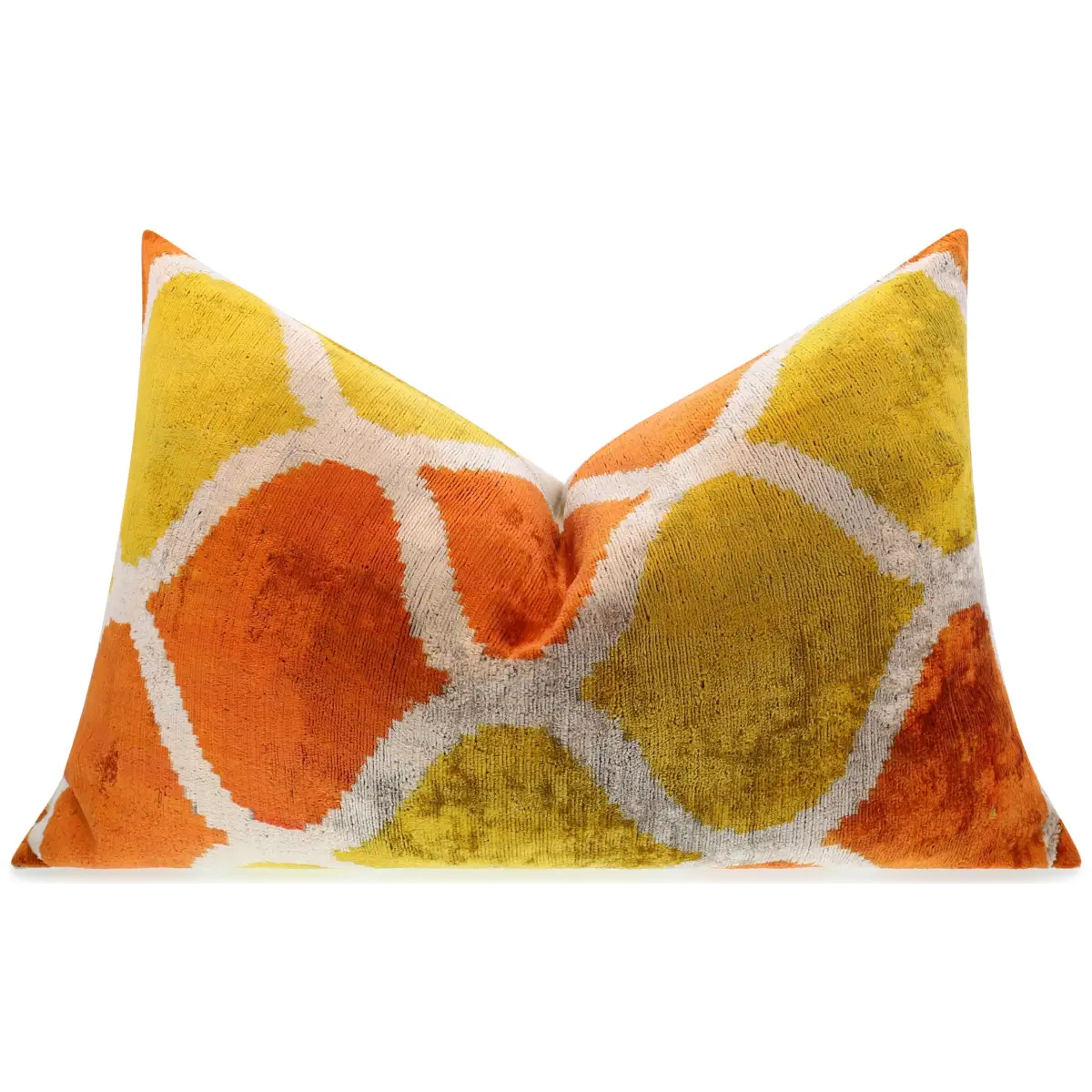 Handmade Fall Silk Velvet Throw Pillow - 16x24 Orange and Yellow Geometric Design with Down Feather Insert - Canvello
