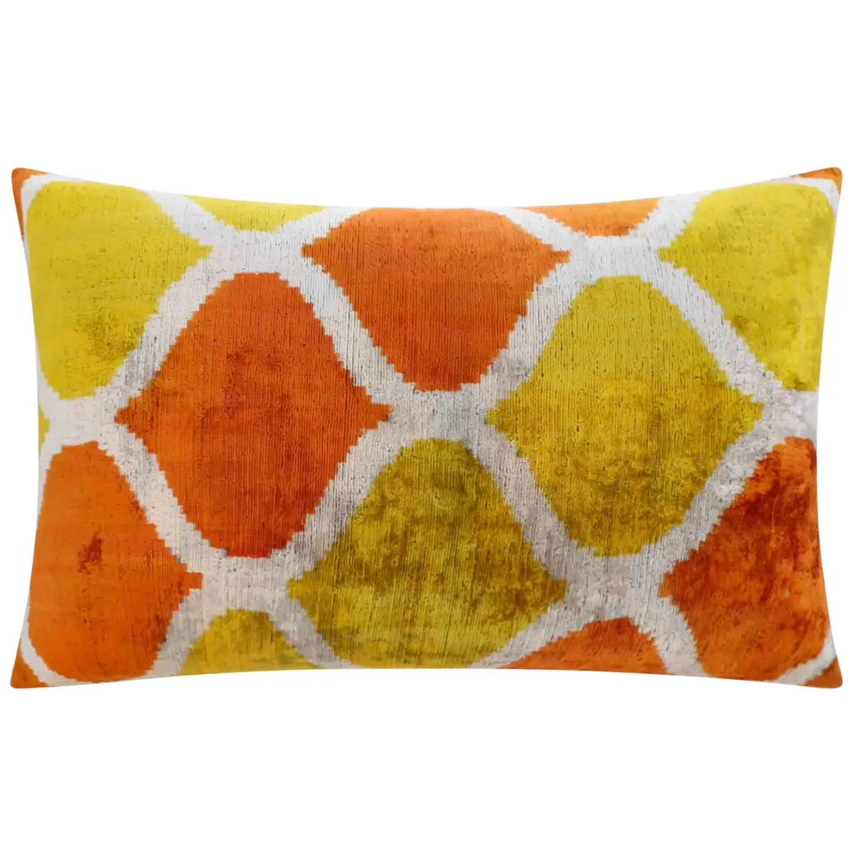 Handmade Fall Silk Velvet Throw Pillow - 16x24 Orange and Yellow Geometric Design with Down Feather Insert - Canvello