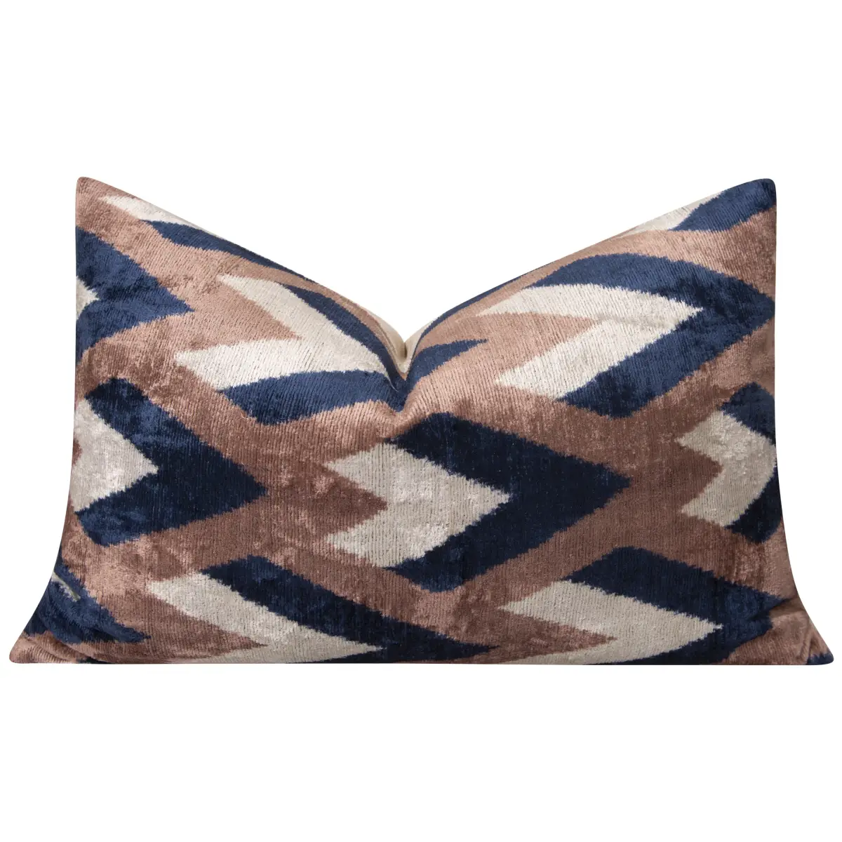 Handmade Geometric Silk Velvet Throw Pillow - 16x24 Navy and Taupe Chevron Pattern with Down Feather Insert - Canvello