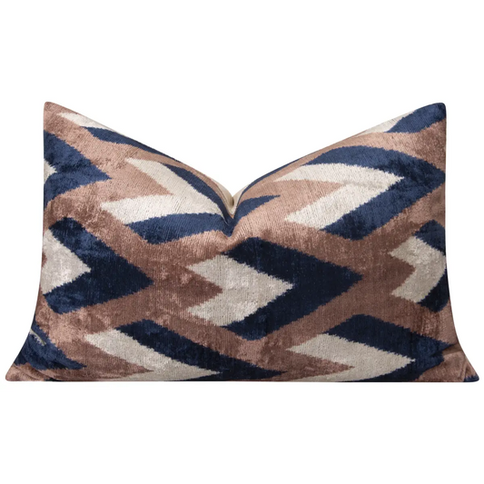 Handmade Geometric Silk Velvet Throw Pillow - 16x24 Navy and Taupe Chevron Pattern with Down Feather Insert - Canvello