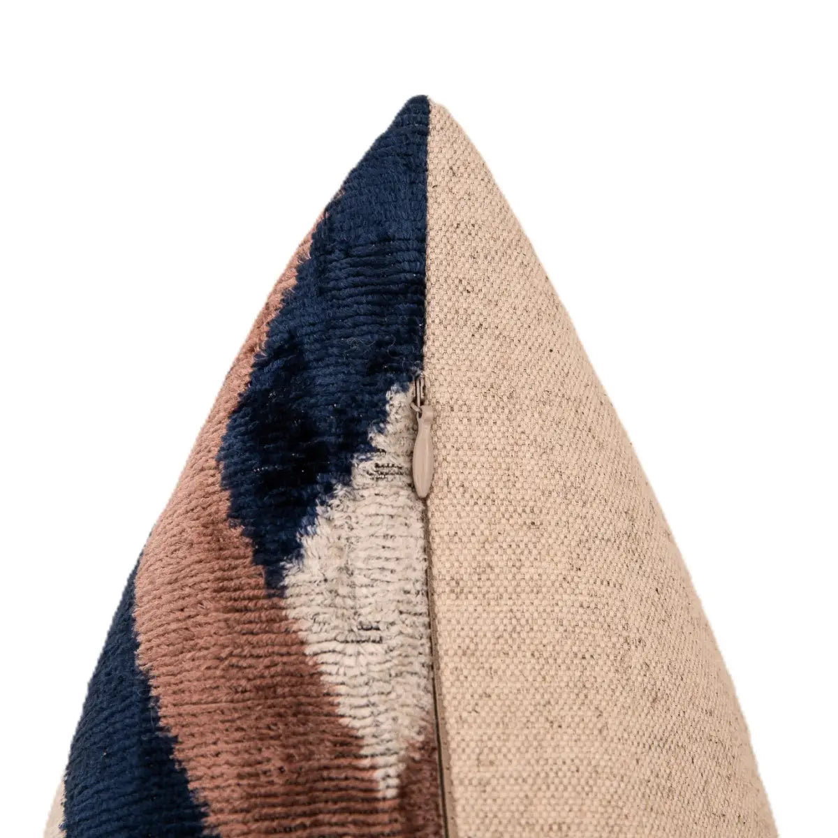 Handmade Geometric Silk Velvet Throw Pillow - 16x24 Navy and Taupe Chevron Pattern with Down Feather Insert - Canvello