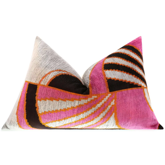 Handmade Geometric Silk Velvet Throw Pillow - 16x24 Pink and Orange Modern Design with Down Feather Insert - Canvello