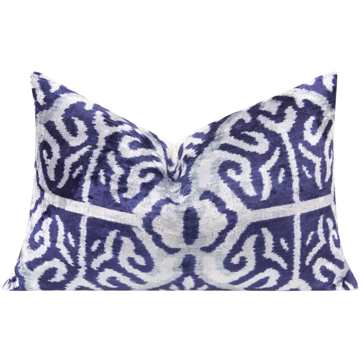 Luxury Silk Velvet Pillow - Blue & Gray Ethnic Geometric Lumbar 16x24’’ - Canvello