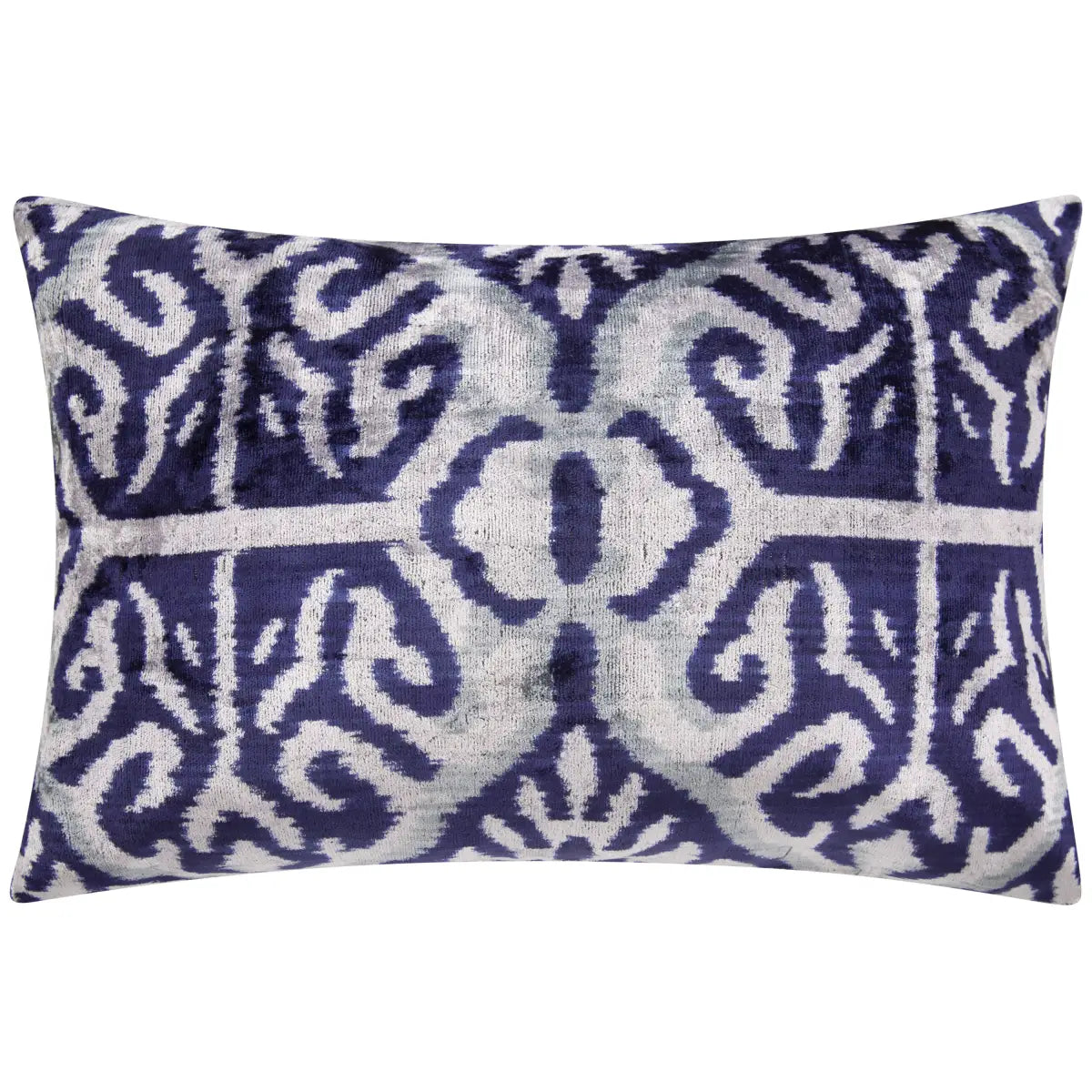 Luxury Silk Velvet Pillow - Blue & Gray Ethnic Geometric Lumbar 16x24’’ - Canvello