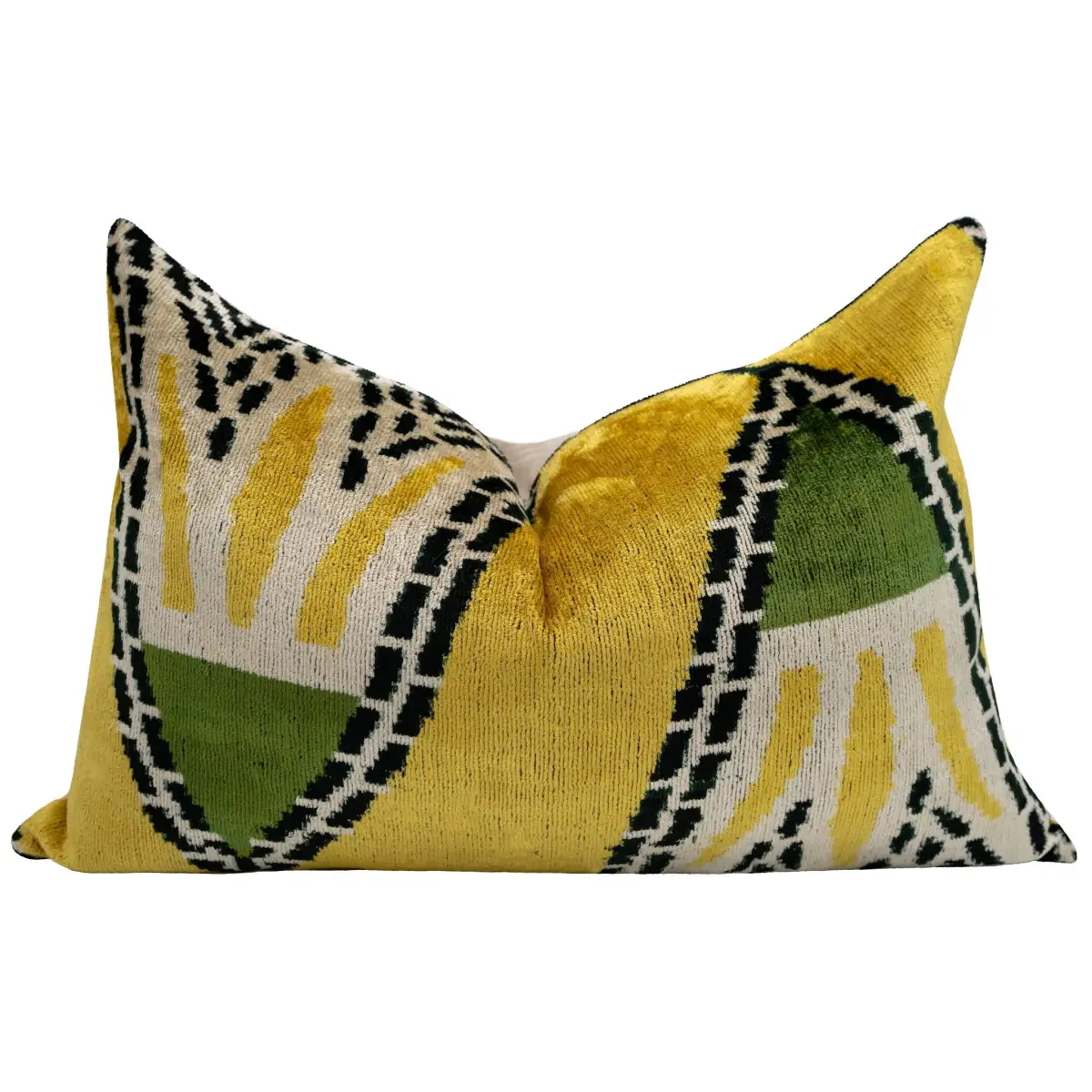 Handmade Gold Green Geometric Design Throw Pillow - 16x24 inch Vegetable Dyed with Premium Down Feather Insert