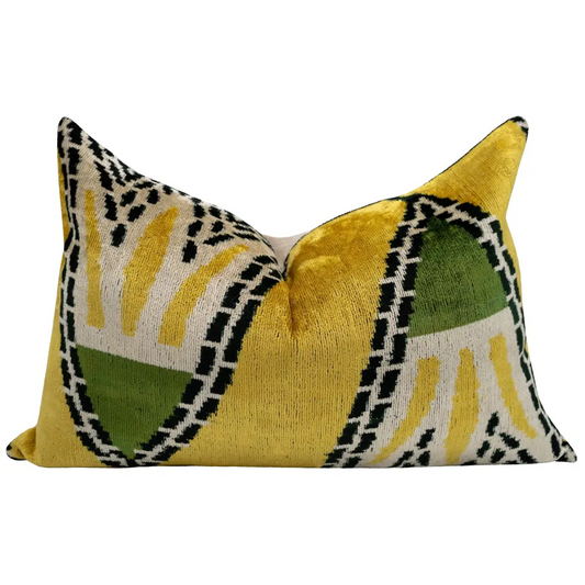 Handmade Gold Green Geometric Design Throw Pillow - 16x24 inch Vegetable Dyed with Premium Down Feather Insert