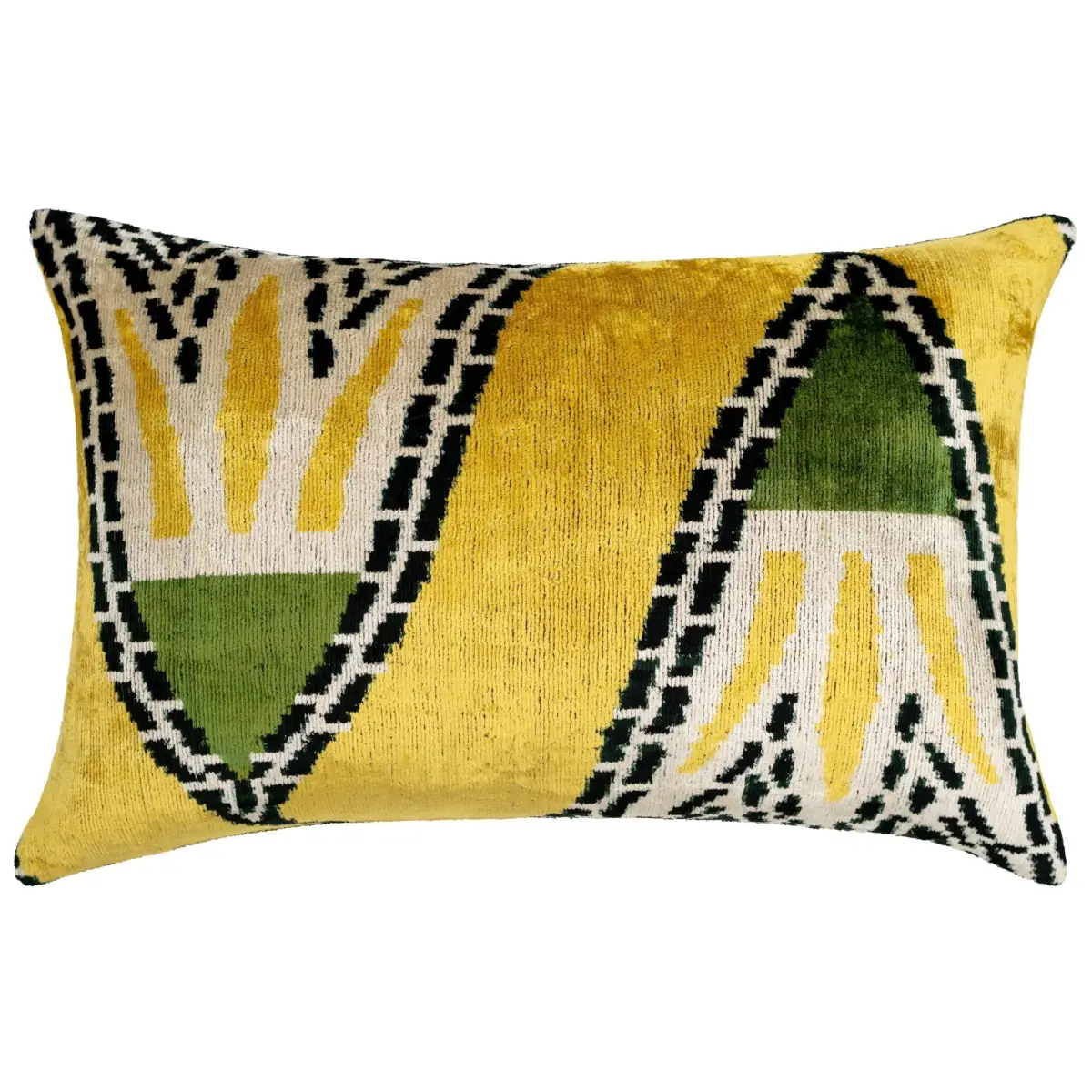 Handmade Gold Green Geometric Design Throw Pillow - 16x24 inch Vegetable Dyed with Premium Down Feather Insert