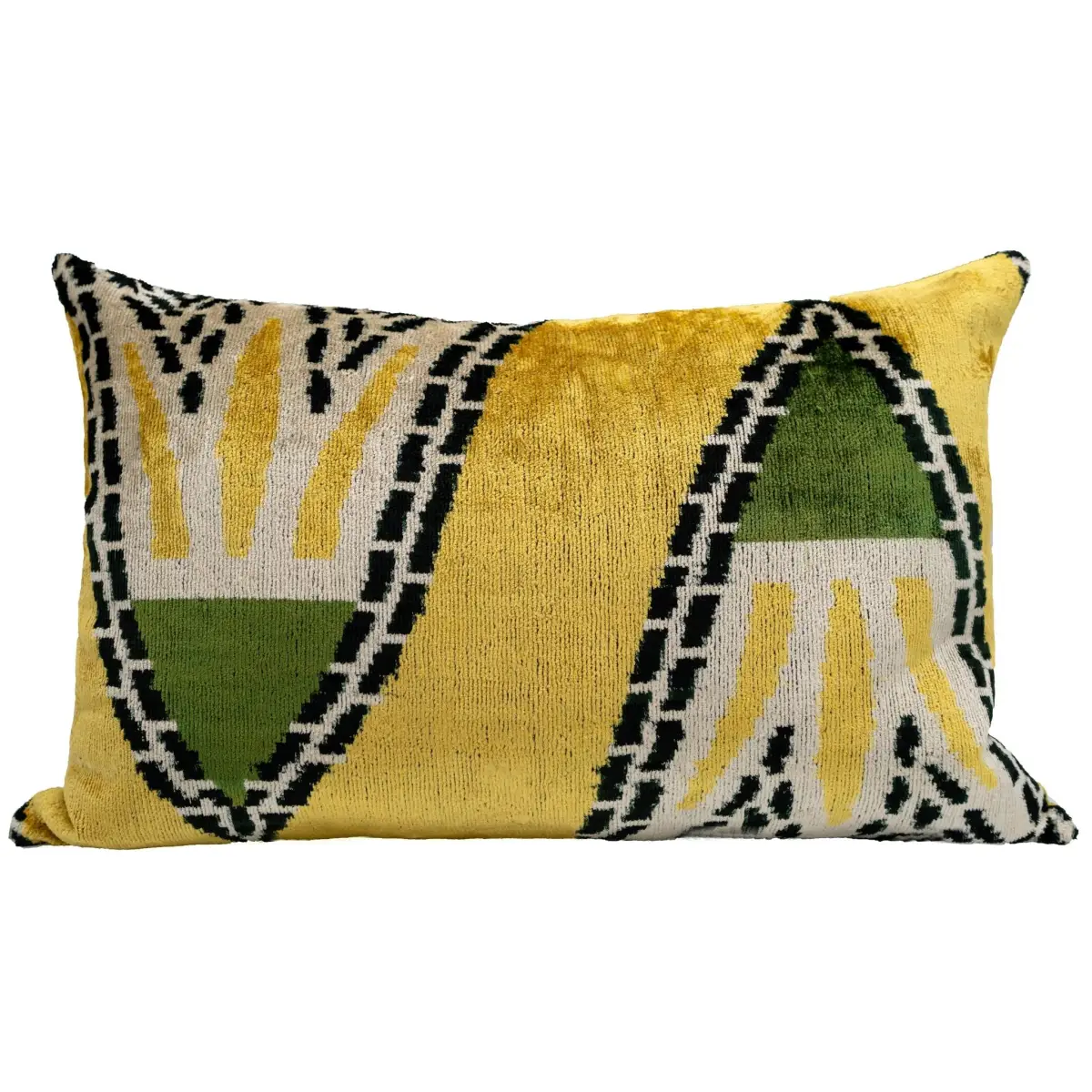 Handmade Gold Green Geometric Design Throw Pillow - 16x24 inch Vegetable Dyed with Premium Down Feather Insert