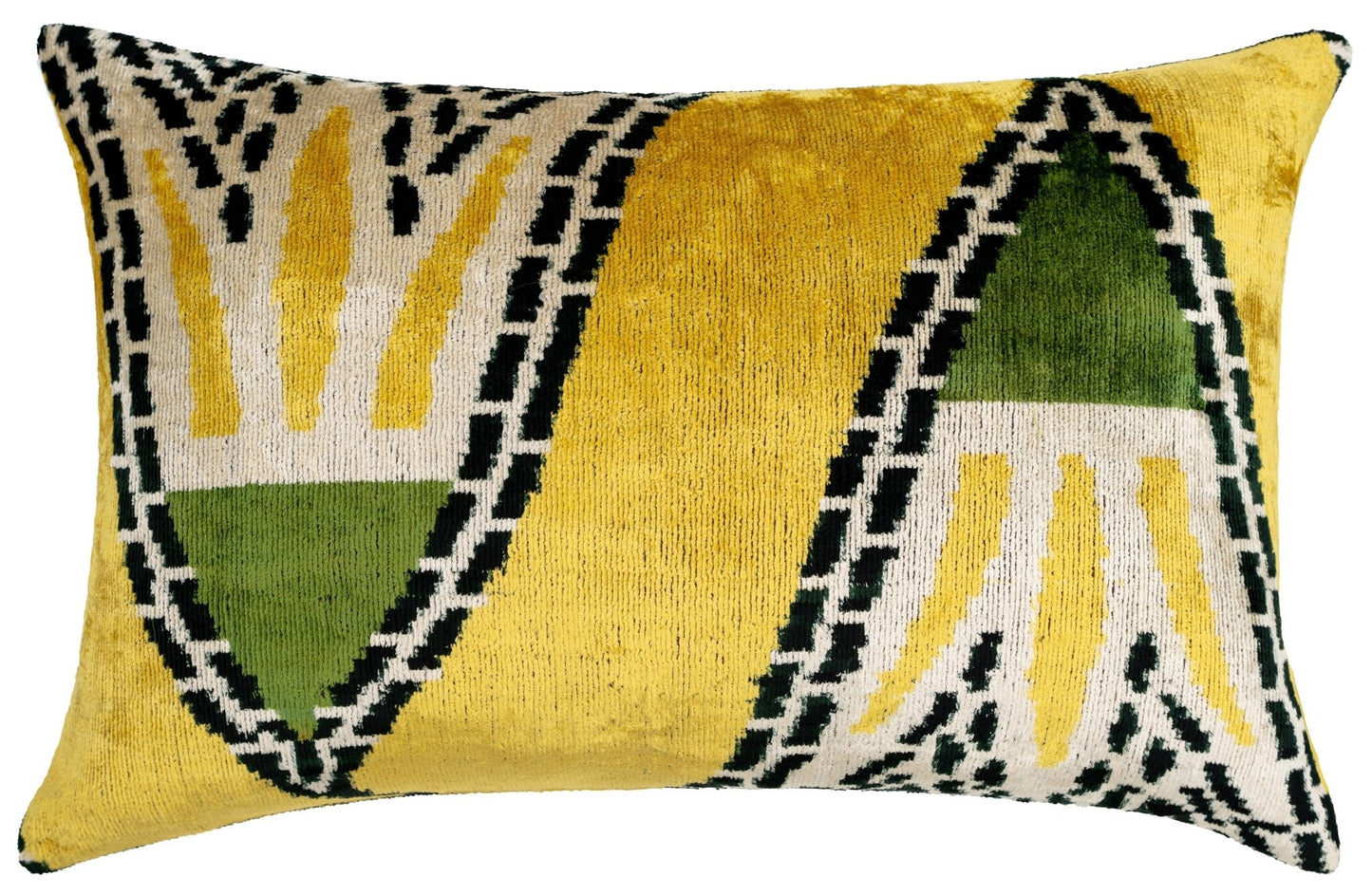 Almohada decorativa con diseño geométrico dorado y verde hecha a mano, 16 x 24 pulgadas, teñida con vegetales y con relleno de plumas de primera calidad 